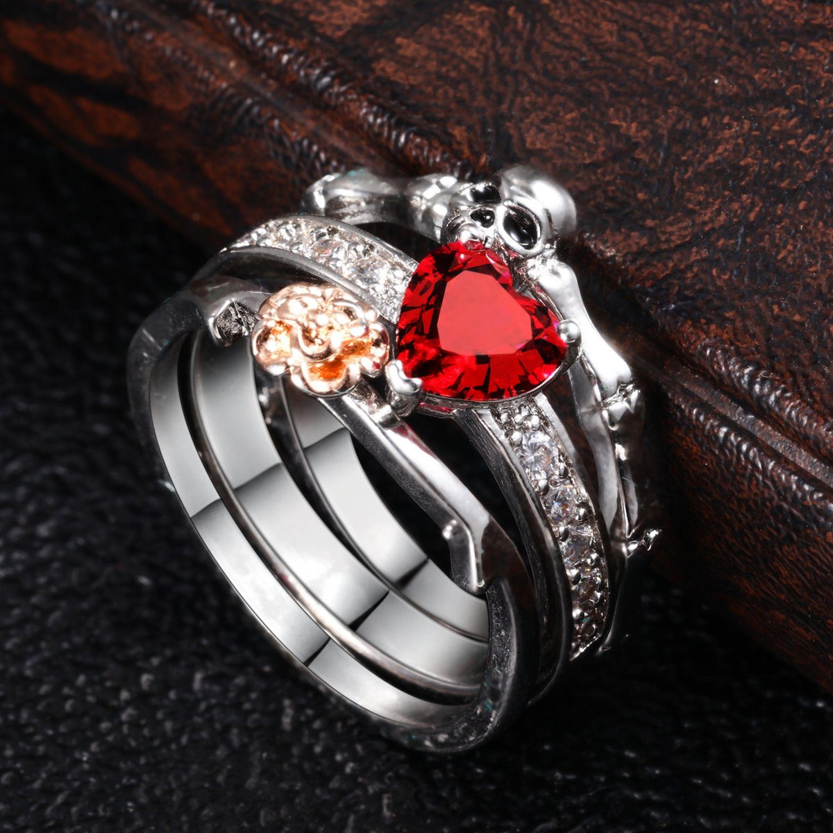 'Red Heart Crystal Skull' Ring Set | Rebel Stones