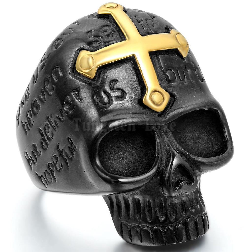 Punk Mens Ring 316L Stainless Steel Gothic Biker Gold Cross Black Skull Ring For Men - Rebel Stones