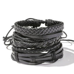 Black 5pcs Leather Wrap Shamballa Bracelets Set - Rebel Stones