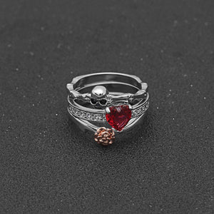 'Red Heart Crystal Skull' Ring Set - Rebel Stones